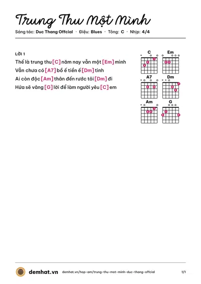 Hợp âm Trung Thu Một Mình (Dunghoangpham) – bản nhạc PDF trang 1, tông C
