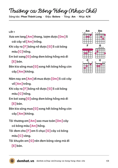 Hợp âm Trường ca Bông Hồng (Nhạc Chế) (Phan Thành Long) – bản nhạc PDF trang 1, tông Am