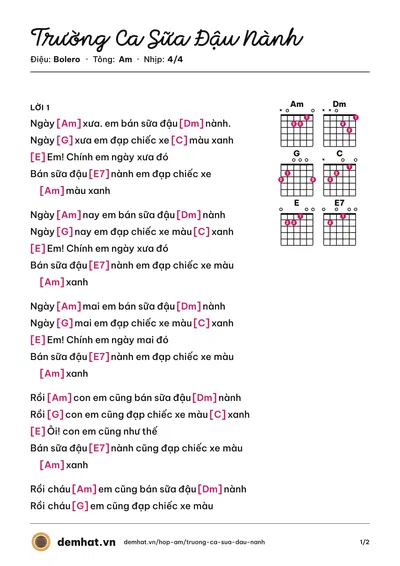 Hợp âm Trường Ca Sữa Đậu Nành (Hữu Danh) – bản nhạc PDF trang 1, tông Am