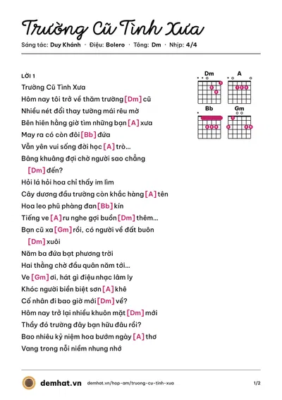Hợp âm Trường Cũ Tình Xưa (Lưu Chí Vỹ) – bản nhạc PDF trang 1, tông Dm