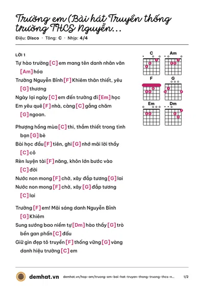 Hợp âm Trường em (Bài hát Truyền thống trường THCS Nguyễn Bỉnh Khiêm) – bản nhạc PDF trang 1, tông C