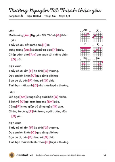 Hợp âm Trường Nguyễn Tất Thành thân yêu (Xuân Mai) – bản nhạc PDF trang 1, tông Am