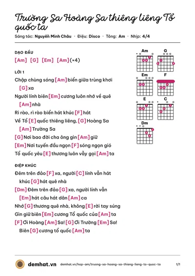 Hợp âm Trường Sa Hoàng Sa thiêng liêng Tổ quốc ta (Nguyễn Minh Châu) – bản nhạc PDF trang 1, tông Am