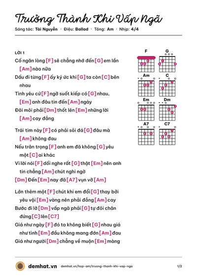 Hợp âm Trưởng Thành Khi Vấp Ngã (Tài Nguyễn) – bản nhạc PDF trang 1, tông Am
