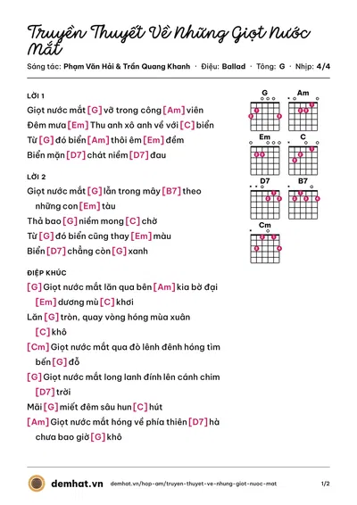Hợp âm Truyền Thuyết Về Những Giọt Nước Mắt (Mạnh Tuấn) – bản nhạc PDF trang 1, tông G