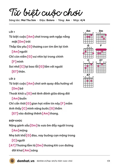 Hợp âm Từ biệt cuộc chơi (Mai Thu Sơn) – bản nhạc PDF trang 1, tông Am