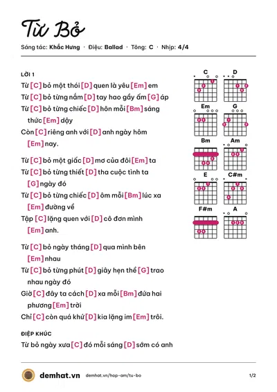 Hợp âm Từ Bỏ (Khắc Việt) – bản nhạc PDF trang 1, tông C