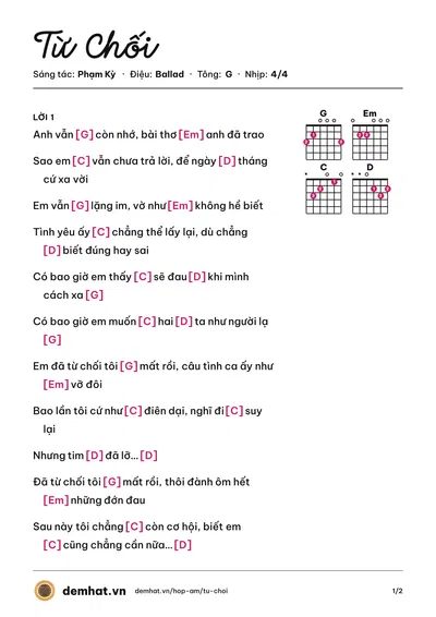 Hợp âm Từ Chối (Phạm Kỳ) – bản nhạc PDF trang 1, tông G
