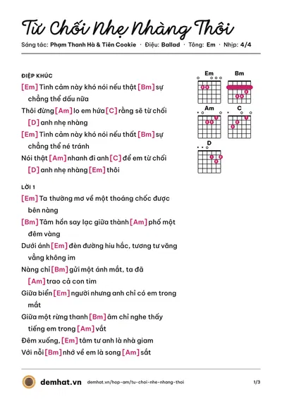 Hợp âm Từ Chối Nhẹ Nhàng Thôi (Bích Phương) – bản nhạc PDF trang 1, tông Em
