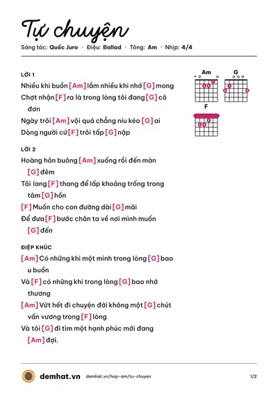 Hợp âm Tự chuyện (Quốc Juro) – bản nhạc PDF trang 1, tông Am
