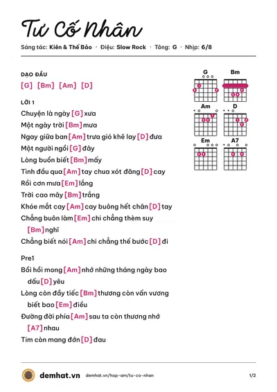 Hợp âm Tư Cố Nhân (Kiên) – bản nhạc PDF trang 1, tông G