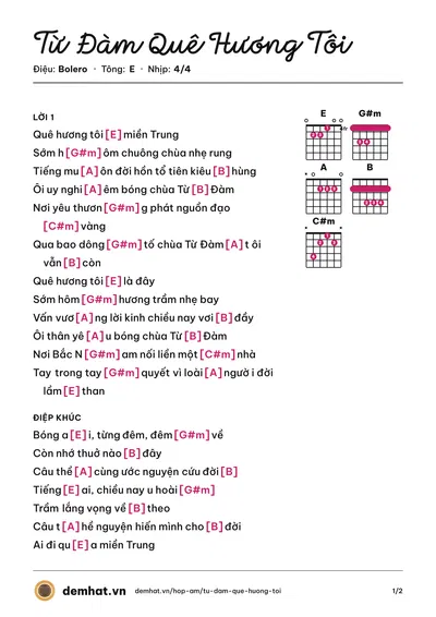 Hợp âm Từ Đàm Quê Hương Tôi (Hương Lan) – bản nhạc PDF trang 1, tông E