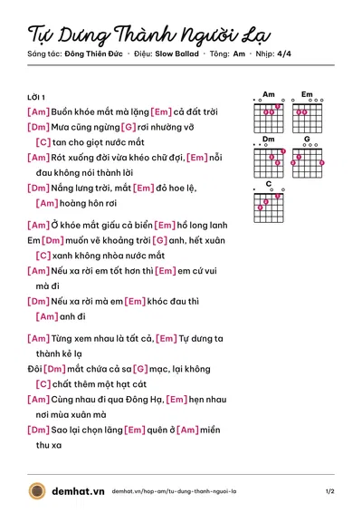 Hợp âm Tự Dưng Thành Người Lạ (Quốc Thiên) – bản nhạc PDF trang 1, tông Am