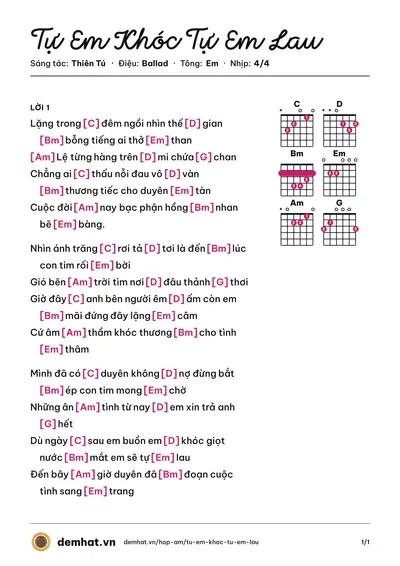 Hợp âm Tự Em Khóc Tự Em Lau (My My) – bản nhạc PDF trang 1, tông Em
