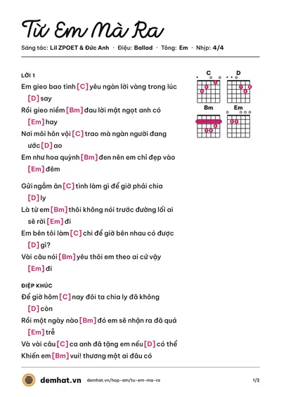 Hợp âm Từ Em Mà Ra (Lil ZPOET) – bản nhạc PDF trang 1, tông Em