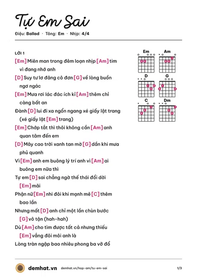 Hợp âm Tự Em Sai (Linh Hương Luz) – bản nhạc PDF trang 1, tông Em