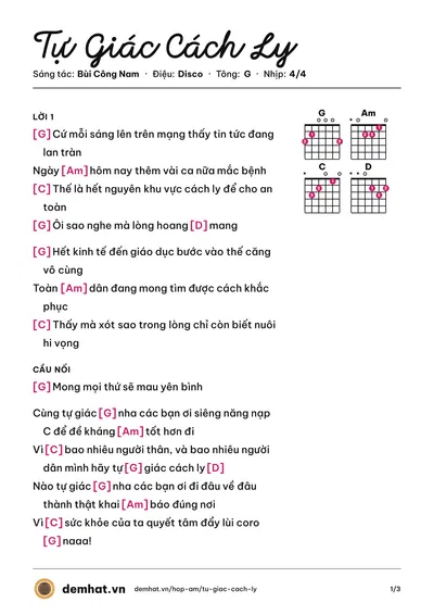 Hợp âm Tự Giác Cách Ly (Bùi Công Nam) – bản nhạc PDF trang 1, tông G