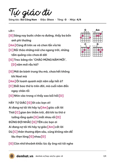 Hợp âm Tự giác đi (Bùi Công Nam) – bản nhạc PDF trang 1, tông G