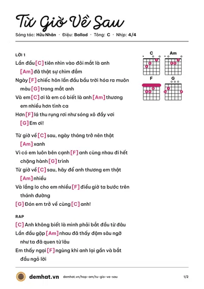 Hợp âm Từ Giờ Về Sau (Hửu Nhân) – bản nhạc PDF trang 1, tông C
