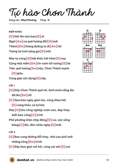 Hợp âm Tự hào Chơn Thành (Nhựt Phương) – bản nhạc PDF trang 1, tông G
