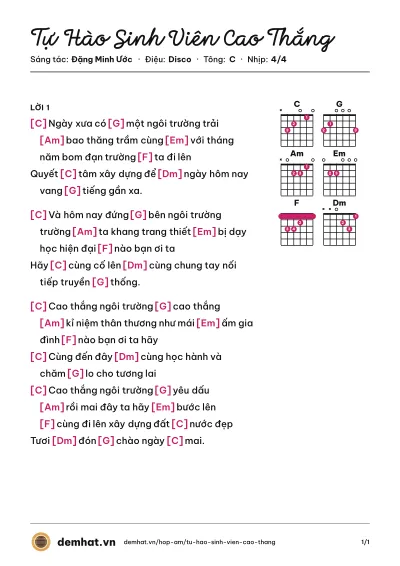 Hợp âm Tự Hào Sinh Viên Cao Thắng (CLB Âm Nhạc Cao Thắng) – bản nhạc PDF trang 1, tông C