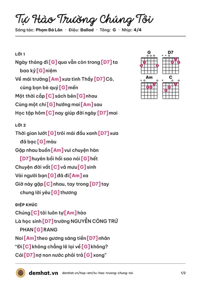Hợp âm Tự Hào Trường Chúng Tôi (Phạm Bá Lân) – bản nhạc PDF trang 1, tông G