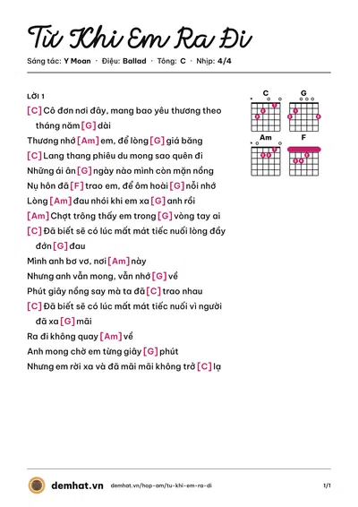 Hợp âm Từ Khi Em Ra Đi (Y Moan) – bản nhạc PDF trang 1, tông C
