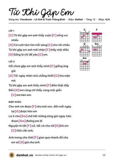 Hợp âm Từ Khi Gặp Em (Trịnh Thăng Bình) – bản nhạc PDF trang 1, tông C