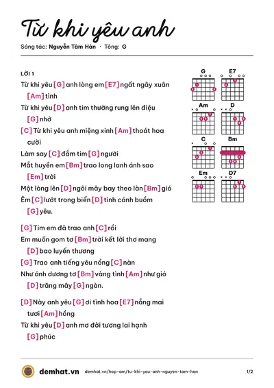 Hợp âm Từ khi yêu anh (Diệu Hiền) – bản nhạc PDF trang 1, tông G