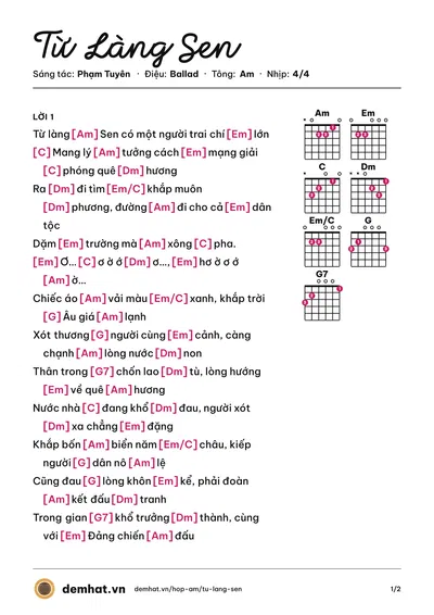 Hợp âm Từ Làng Sen (Phạm Phương Thảo) – bản nhạc PDF trang 1, tông Am