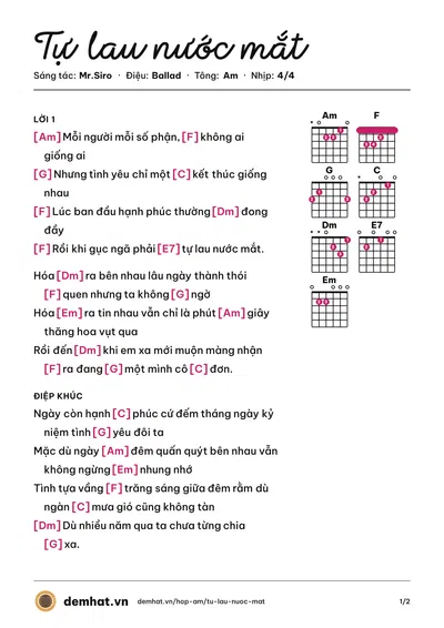 Hợp âm Tự lau nước mắt (Mr.Siro) – bản nhạc PDF trang 1, tông Am