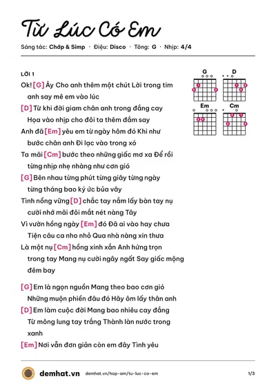 Hợp âm Từ Lúc Có Em (Chớp) – bản nhạc PDF trang 1, tông G