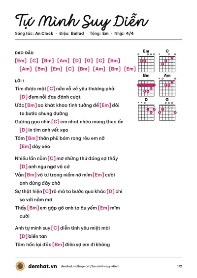 Hợp âm Tự Mình Suy Diễn (Lương Quý Tuấn) – bản nhạc PDF trang 1, tông Em