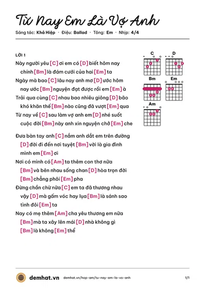 Hợp âm Từ Nay Em Là Vợ Anh (Khả Hiệp) – bản nhạc PDF trang 1, tông Em