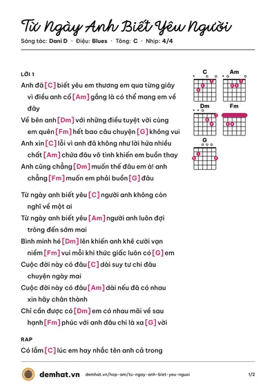 Hợp âm Từ Ngày Anh Biết Yêu Người (Dani D) – bản nhạc PDF trang 1, tông C