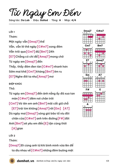 Hợp âm Từ Ngày Em Đến (Da Lab) – bản nhạc PDF trang 1, tông A