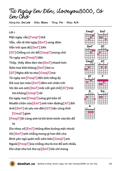Hợp âm Từ Ngày Em Đến, iloveyou3000, Có Em Chờ (Da Lab) – bản nhạc PDF trang 1, tông Fm
