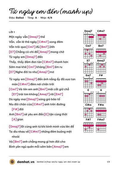 Hợp âm Từ ngày em đến (mash up) (Michelle Ngn) – bản nhạc PDF trang 1, tông A