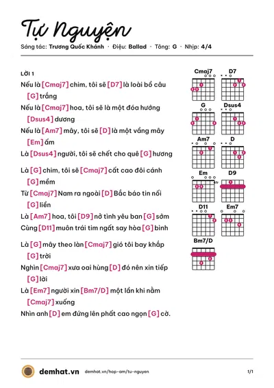 Hợp âm Tự Nguyện (Hoàng Thơ) – bản nhạc PDF trang 1, tông G