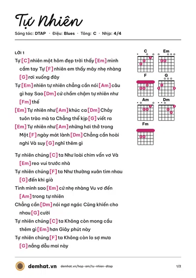 Hợp âm Tự Nhiên (Đông Nhi) – bản nhạc PDF trang 1, tông C