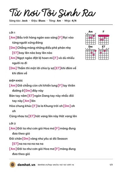 Hợp âm Từ Nơi Tôi Sinh Ra (Jack) – bản nhạc PDF trang 1, tông Am