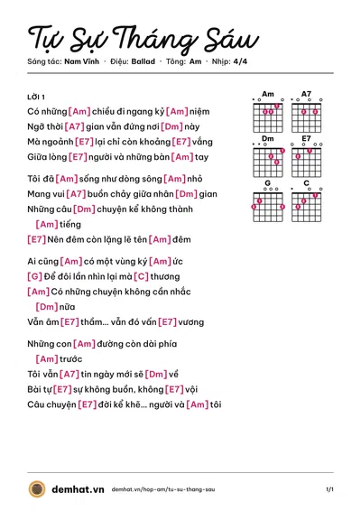 Hợp âm Tự Sự Tháng Sáu (Nam Vĩnh) – bản nhạc PDF trang 1, tông Am