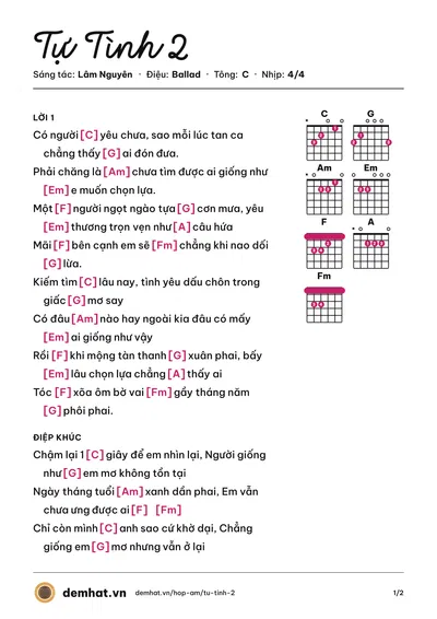 Hợp âm Tự Tình 2 (Lâm Nguyên) – bản nhạc PDF trang 1, tông C