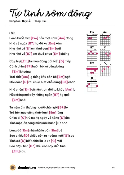 Hợp âm Tự tình sớm đông (Dzoãn Minh) – bản nhạc PDF trang 1, tông Em