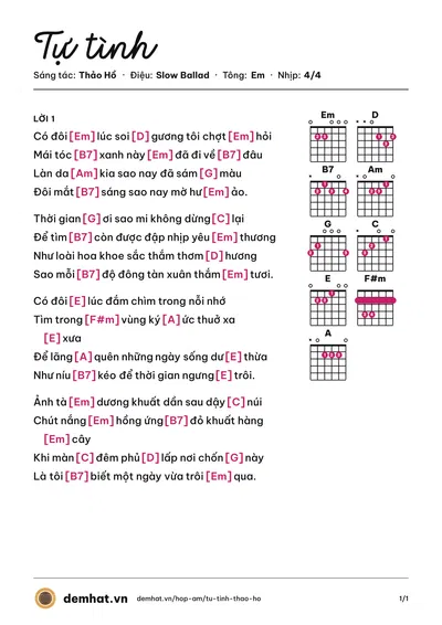 Hợp âm Tự tình (Nhất Chi Mai) – bản nhạc PDF trang 1, tông Em