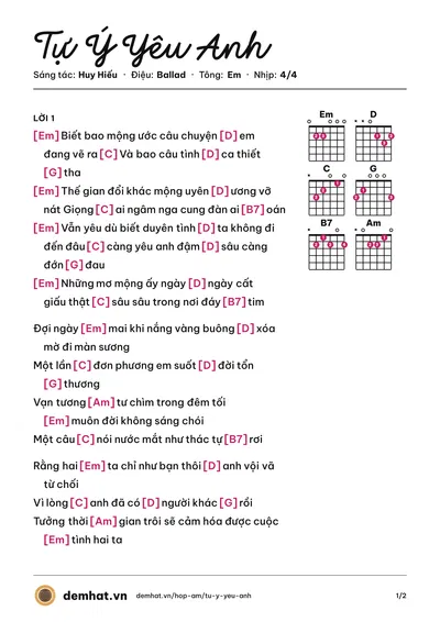Hợp âm Tự Ý Yêu Anh (Tuệ Phương) – bản nhạc PDF trang 1, tông Em