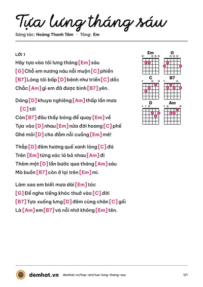 Hợp âm Tựa lưng tháng sáu (Hoàng Thanh Tâm) – bản nhạc PDF trang 1, tông Em