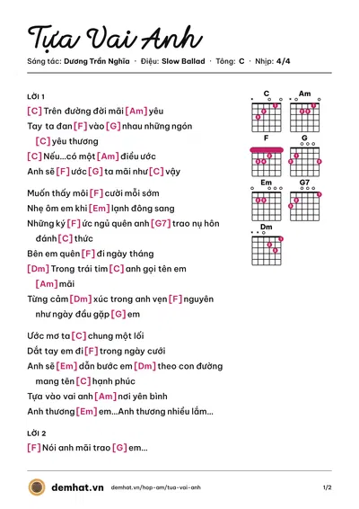 Hợp âm Tựa Vai Anh (Dương Trần Nghĩa) – bản nhạc PDF trang 1, tông C