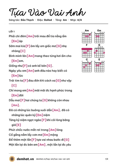 Hợp âm Tựa Vào Vai Anh (Khánh Phương) – bản nhạc PDF trang 1, tông Am