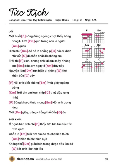 Hợp âm Tức Kịch (Bảo Trâm Ryy) – bản nhạc PDF trang 1, tông C